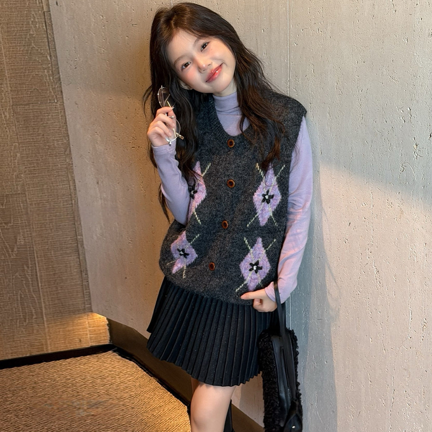 韩系女童秋季马甲百褶裙两件套