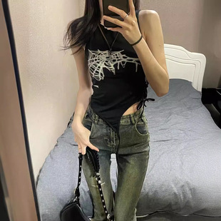 美式 不規則設計感小眾袖 短款 外穿上衣 朋克風綁帶背心吊帶女夏季