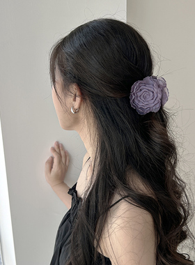 新中式紫色玫瑰花朵抓夹女后脑勺鲨鱼夹半扎发2024新款高级感发抓