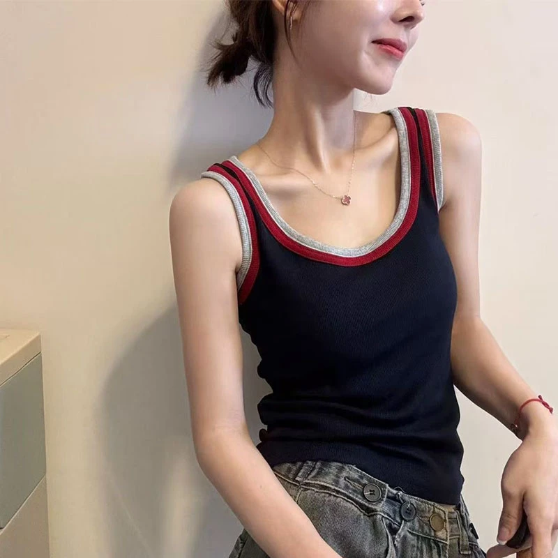 茜彩妮2025夏季新款撞色拼接吊带