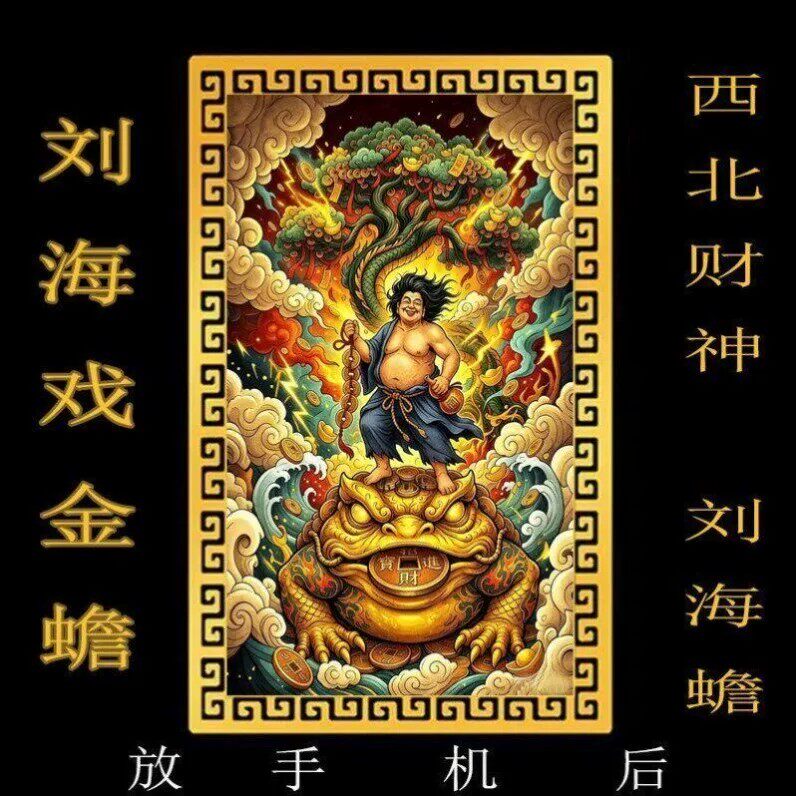 刘海蟾财神手机贴西北财神刘海蟾偏财神招财进宝刘海戏金蟾摆件卡