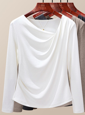 韩系气质长袖打底T恤女春秋季2025新款斜领抽褶设计洋气百搭上衣