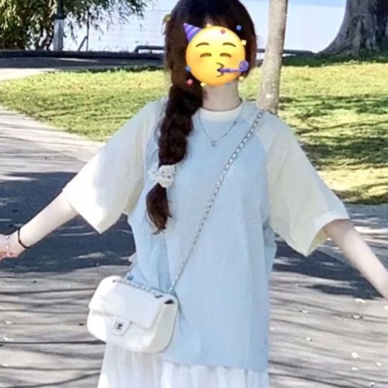 2024夏季多巴胺套装裙女学生韩版宽松拼接T恤+白半身裙超仙两件套