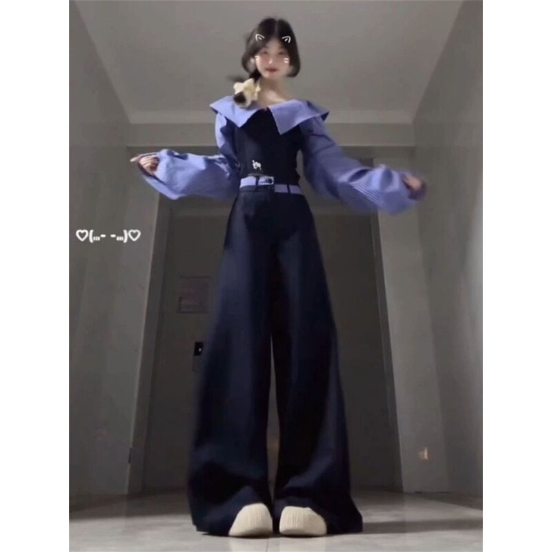 甜美可爱设计感条纹拼接修身一字肩上衣女叠穿高腰阔腿裤两件套装