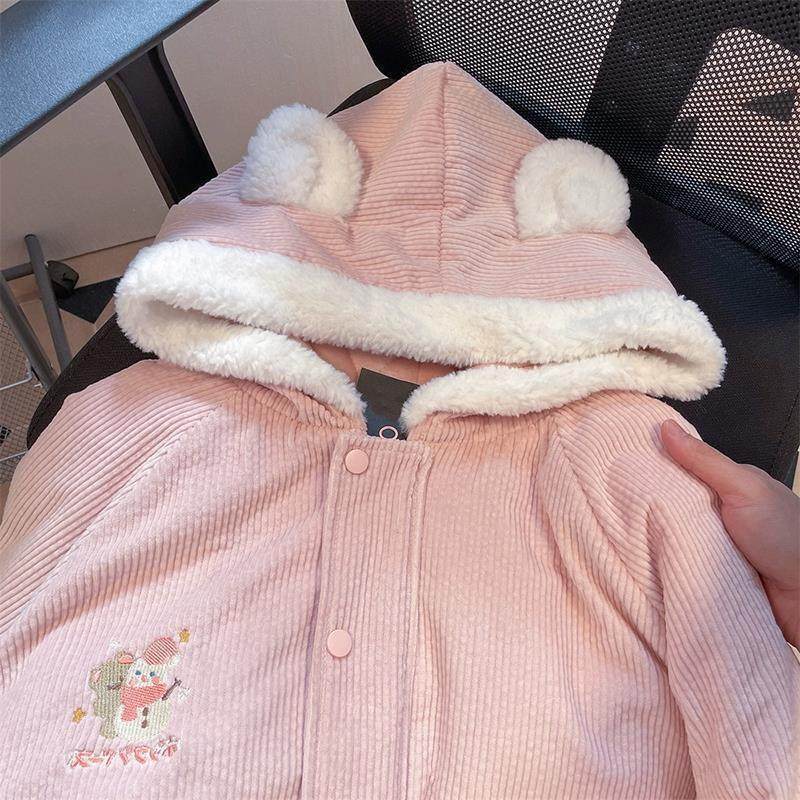 粉色灯芯绒棉服女冬季新款2024加厚可爱温柔甜美奶fufu羊羔毛外套