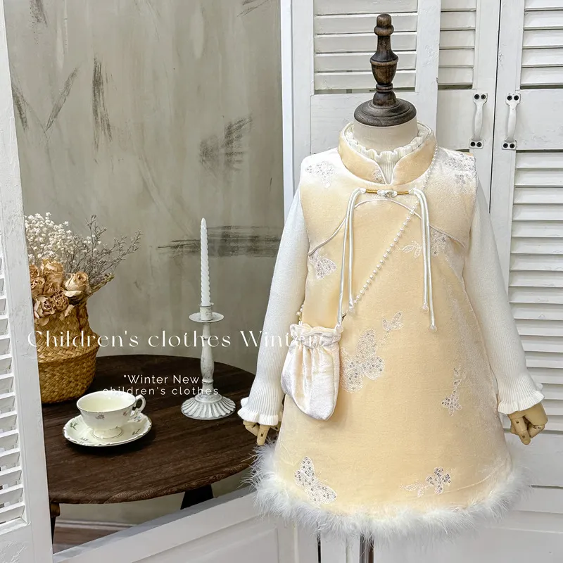 女童连衣裙冬季2025新款夹棉加厚背心裙中式立领毛衣两件套拜年服