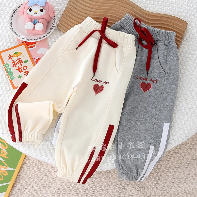 儿童秋款卫裤女童爱心刺绣卡通休闲运动裤宽松韩版外穿长裤