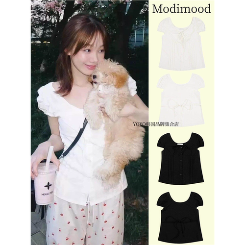 【官网正品】韩国modimood蝴蝶结绑带泡泡袖T恤短袖徐梦洁同款女
