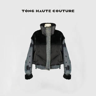 YW644 鹅绒服 冬季 新国标90白鹅绒拼接牛仔皮毛一体时尚