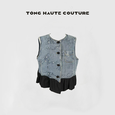 【星芒】春季新款设计师款亮片拼接时尚桑蚕丝马夹 YW26150