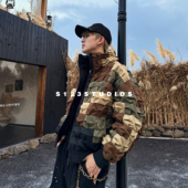 S123白鹅绒美式 潮牌立领迷彩褶皱小众设计羽绒服冬季 保暖外套