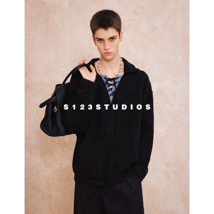 S123休闲领口撞色系带设计套头针织毛衣男宽松百搭上衣外套潮