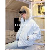 S123 可拆卸毛领夹棉纯色连帽棉衣美式 复古加厚保暖拉链夹克外套