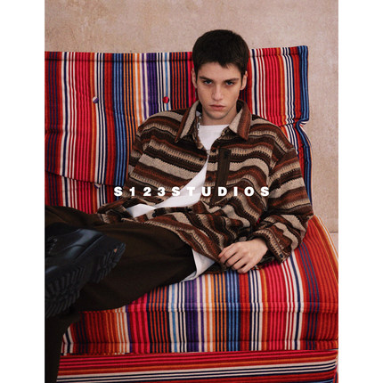 S123 麦穗黄昏民族风条纹翻领针织衫男潮流撞色拼接毛呢外套