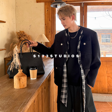 S123秋冬法式小香风配飘带毛呢西装夹克小众高级感宽松休闲外套