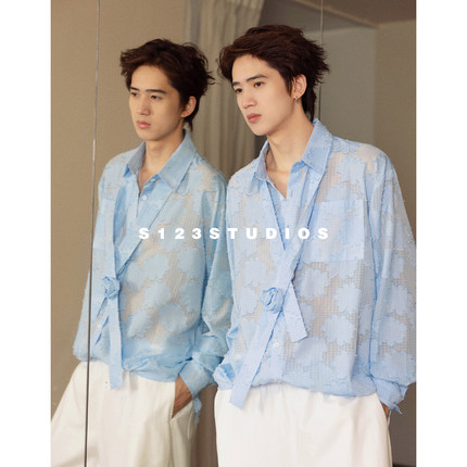 S123秋季度假海岛风毛边提花松弛轻薄防晒衫男长袖衬衫上衣