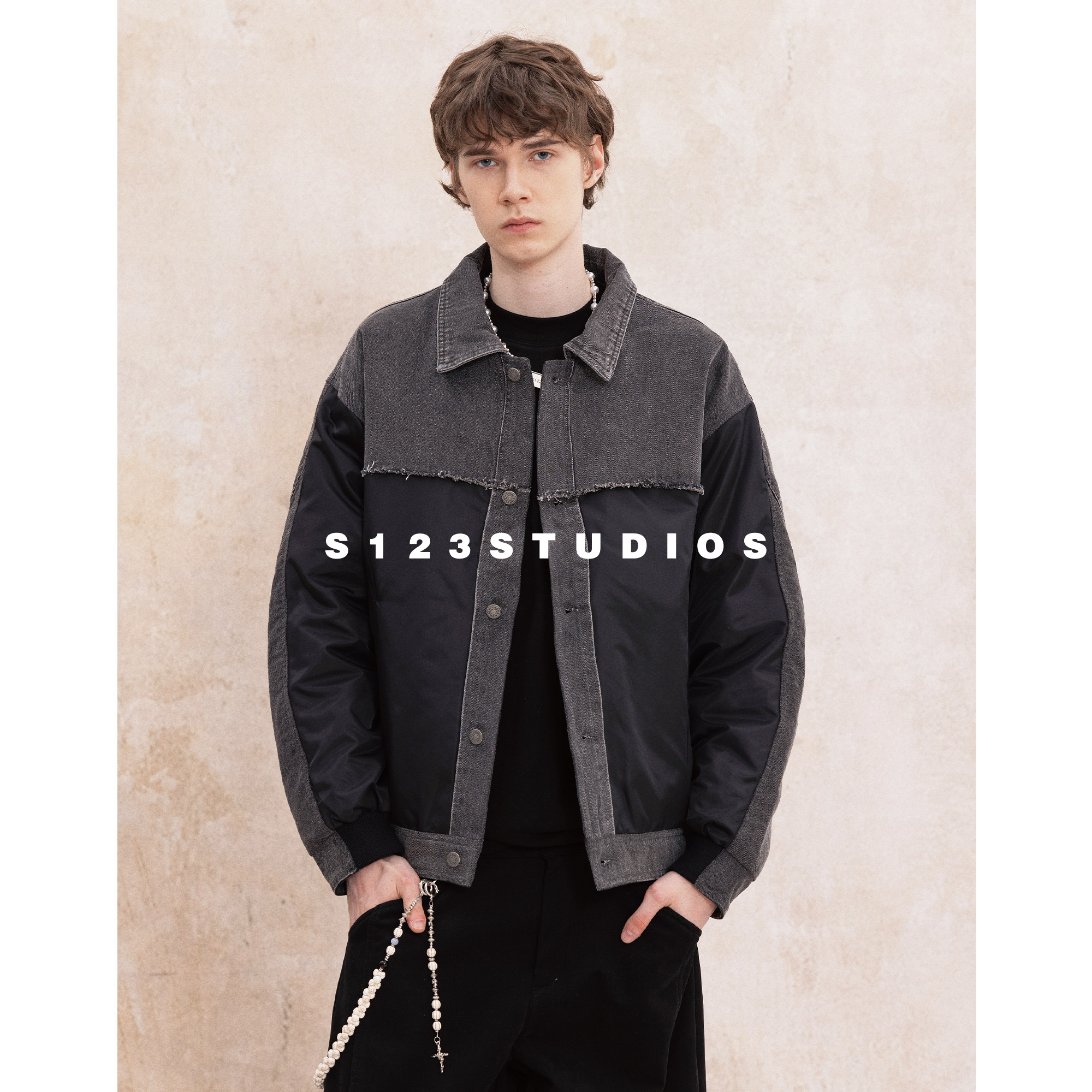 秋冬牛仔拼接宽松保暖羽绒服