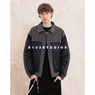 S123 秋冬新款牛仔拼接羽绒服外套男宽松高级感保暖情侣夹克上衣