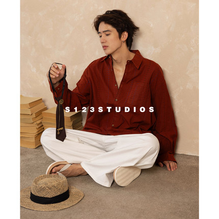 S123秋季美式vintage撞色明辑线长袖衬衫男宽松开衫上衣