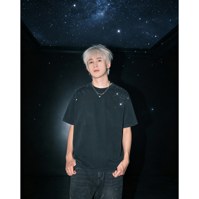 S123 巴黎风 320克重磅纯棉美式满天星烫钻水洗做旧短袖T恤男
