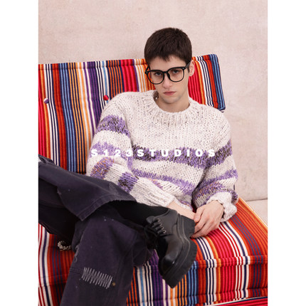 S123 高智学院风条纹圆领羊毛衫秋冬新款慵懒风宽松撞色针织毛衣