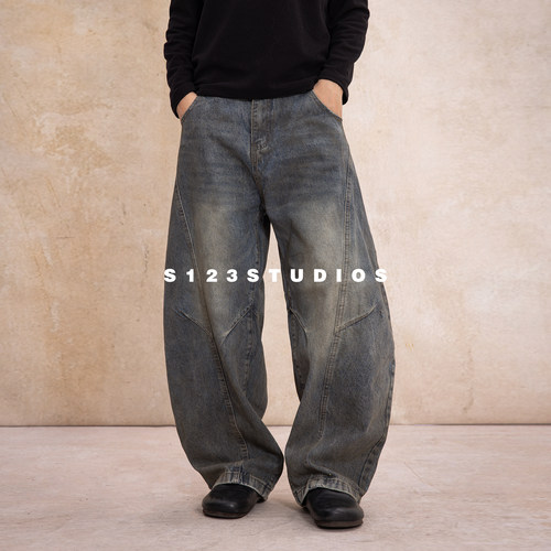 美式复古水洗做旧阔腿牛仔裤