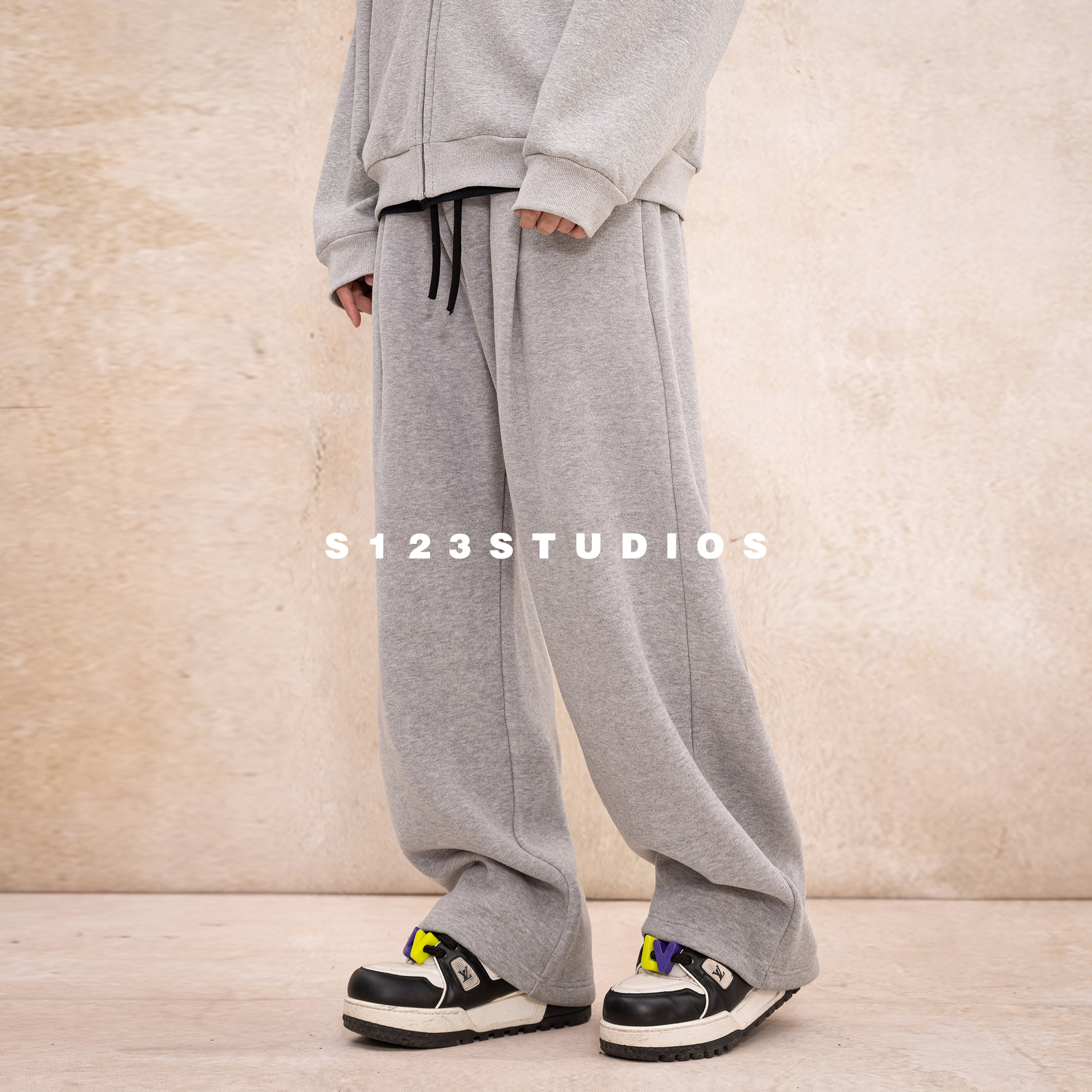 S123 480克重磅潮牌高街抽绳阔腿运动裤男宽松直筒垂感休闲长裤