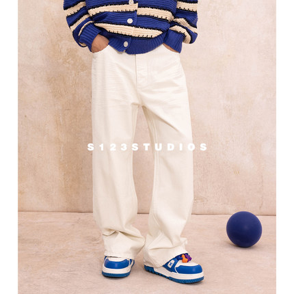 S123美式简约白色手工磨破破洞直筒牛仔长裤男宽松百搭休闲裤子潮