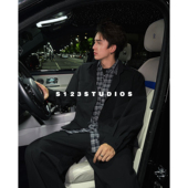 休闲假两件格子领带装 饰长袖 衬衫 S123美式 男宽松百搭开衫 外套潮