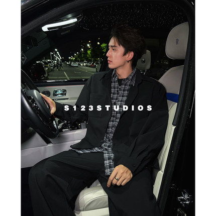 S123美式休闲假两件格子领带装饰长袖衬衫男宽松百搭开衫外套潮