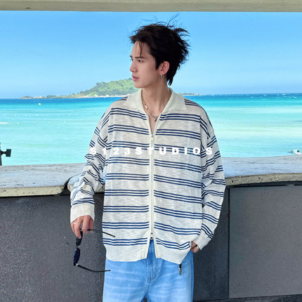 S123慵懒度假风轻薄撞色条纹毛衣宽松休闲长袖针织开衫