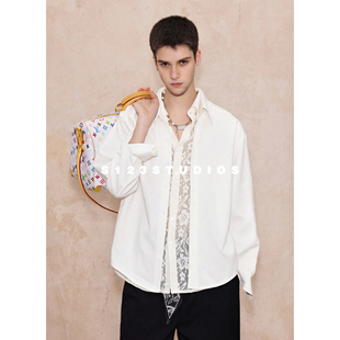 S123早秋新品度假风蕾丝拼接假两件长袖衬衫男同款宽松开衫外套潮