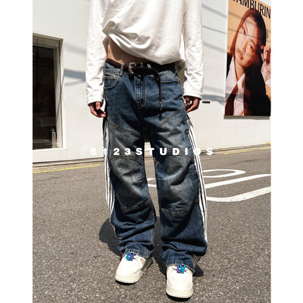 S123 巴家五条杠解构拼接直筒牛仔裤美式复古高街痞帅宽松长裤男