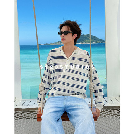 S123肌理感设计慵懒休闲针织毛衣度假条纹薄款上衣