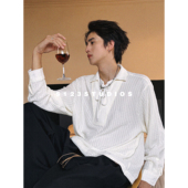 S123高级感松弛白色纹理褶皱抽绳设计套头衬衫 男防晒上衣