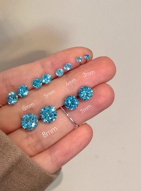 999银针纯银养耳海蓝色5A锆石耳钉简约耳骨钉小众耳骨甜美高级感