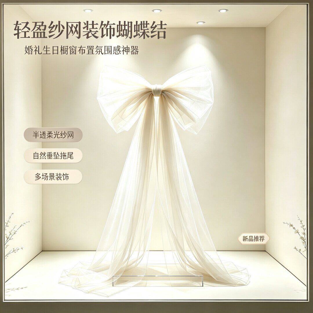 婚房布置结婚新房女方订婚宴超大网纱蝴蝶结拖尾装饰婚礼拍照道具