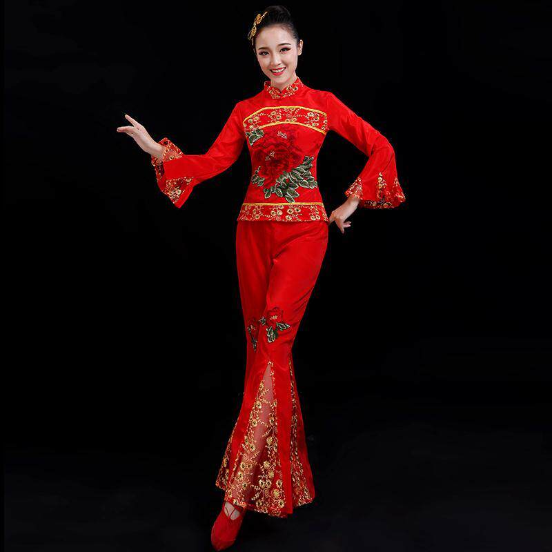 新款秧歌服女套装中老年人大码扇子舞演出服喜庆广场舞服装腰鼓服