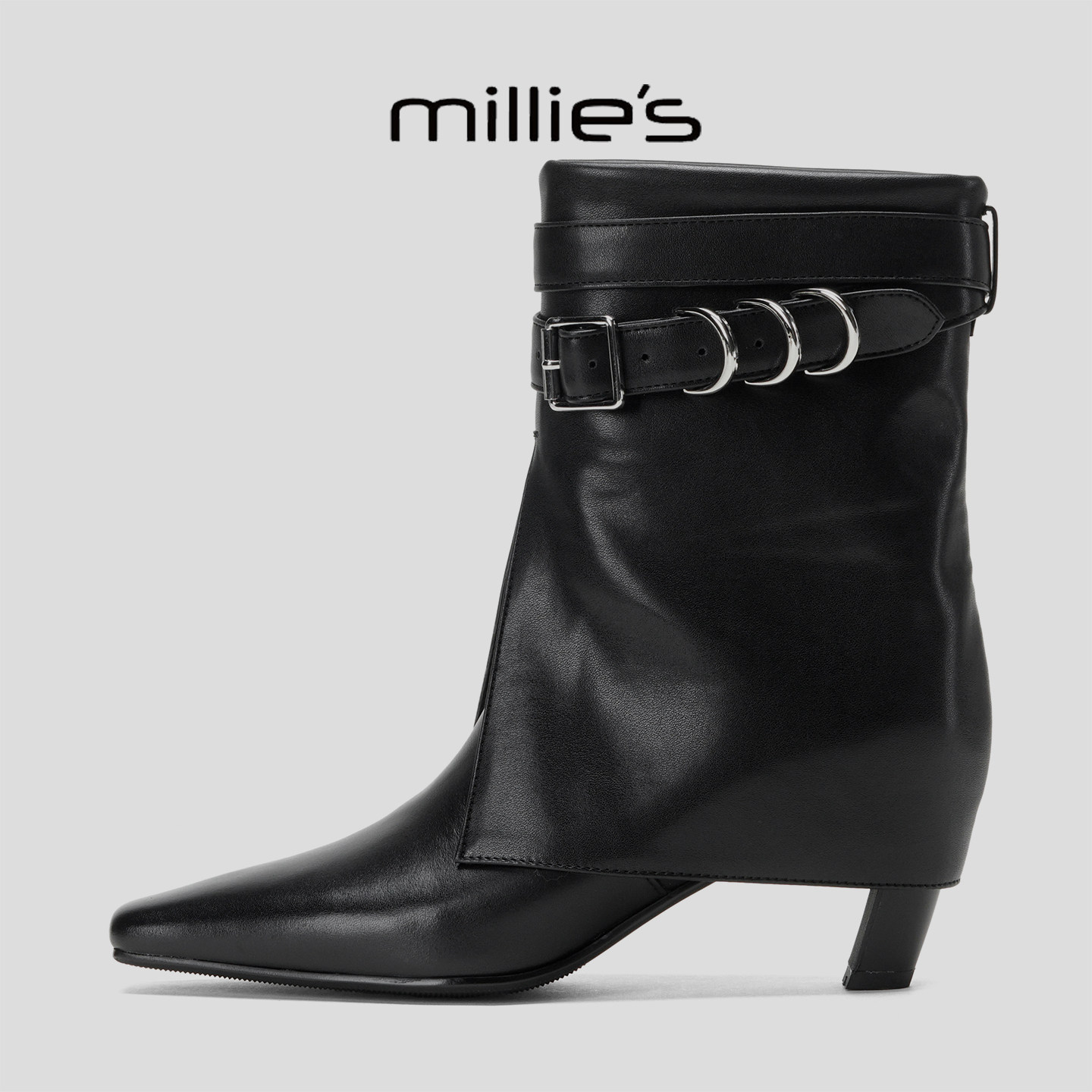 MILLIE'S/妙丽法式风黑色皮带扣短靴女尖头细跟真皮短筒靴瘦瘦靴,女鞋,马丁靴,淘宝优惠券,粉丝福利购,淘宝优惠卷