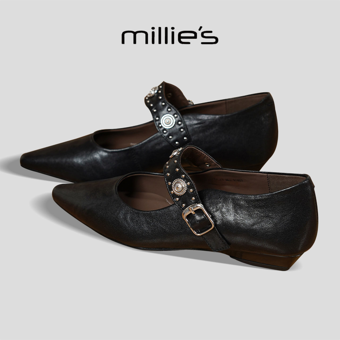 MILLIE'S/妙丽2025新款尖头玛丽珍鞋女复古铆钉一字带浅口单鞋,女鞋,浅口单鞋,淘宝优惠券,粉丝福利购,淘宝优惠卷