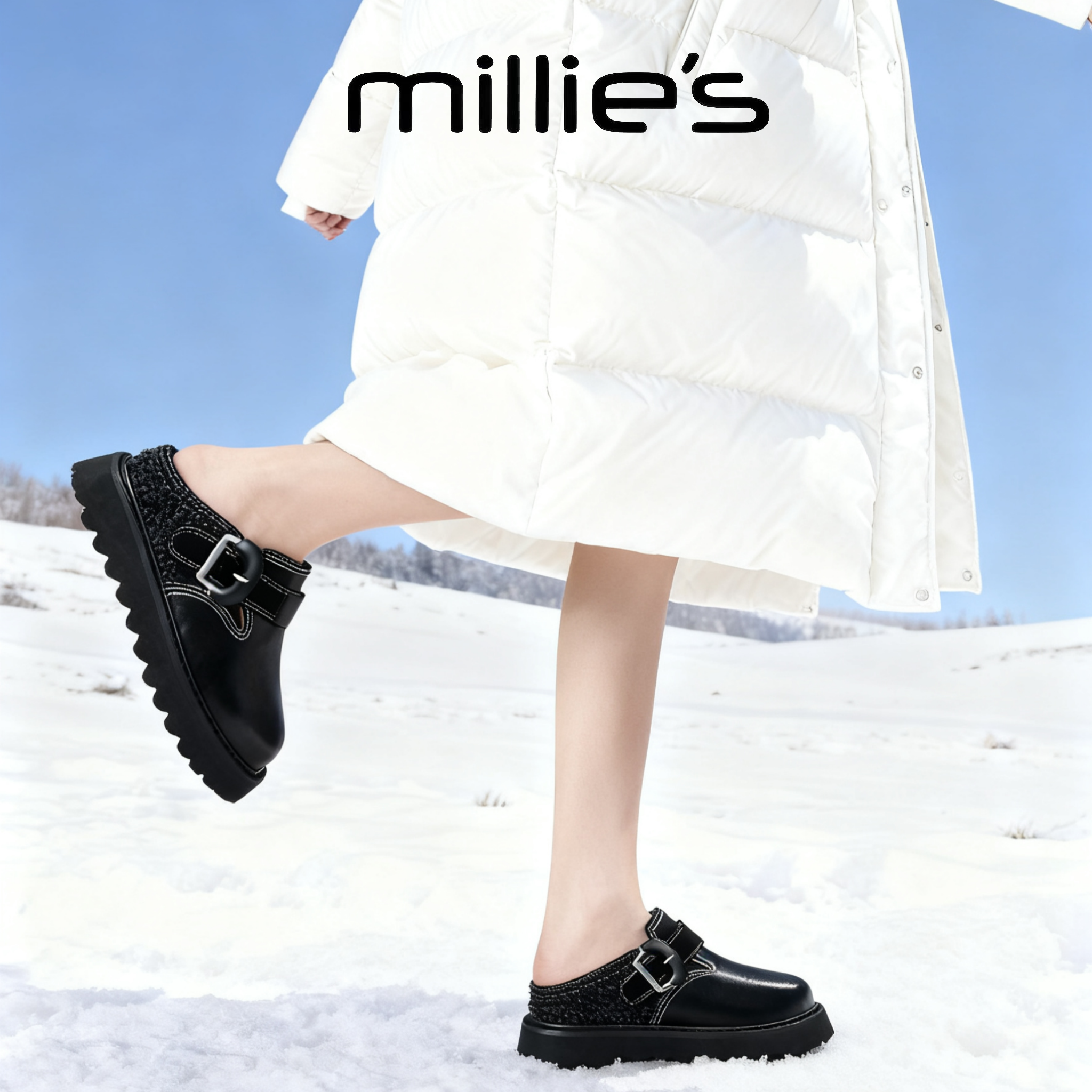 MILLIE'S/妙丽毛毛鞋女新款黑色一字扣带加绒保暖勃肯鞋外穿,女鞋,毛毛鞋,淘宝优惠券,粉丝福利购,淘宝优惠卷