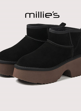 millies妙丽新款圆头粗跟厚底棉靴轻奢经典款舒适柔软加绒雪地靴