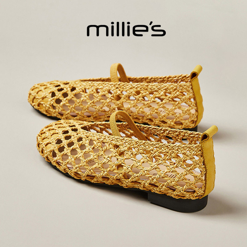 MILLIE'S/妙丽圆头平跟镂空编织小众设计感时尚百搭低帮浅口单鞋
