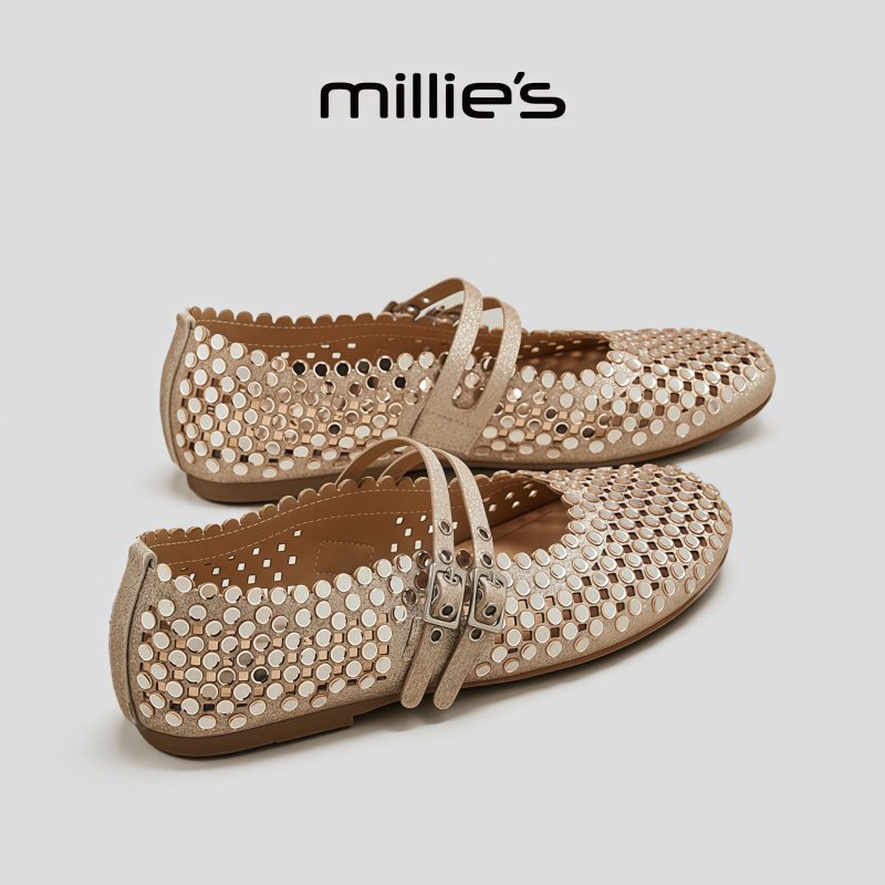 MILLIE'S/妙丽圆头平底精致满钻镶嵌设计感时尚休闲浅口单鞋女,女鞋,浅口单鞋,淘宝优惠券,粉丝福利购,淘宝优惠卷