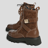 妙丽2025新款 MILLIE 加绒保暖马丁靴英伦风厚底系带显瘦短靴