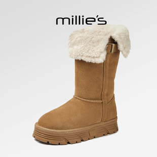 MILLIE 妙丽中筒靴圆头厚底皮带扣翻领好看保暖加绒雪地靴女冬
