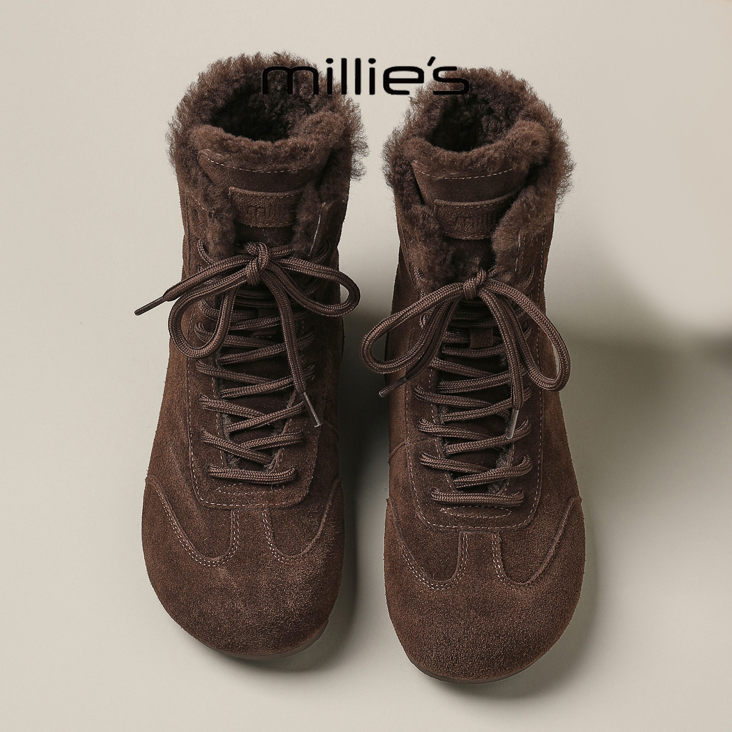 MILLIE'S/妙丽2026复古加绒加厚休闲短靴系带磨砂皮保暖博肯棉靴