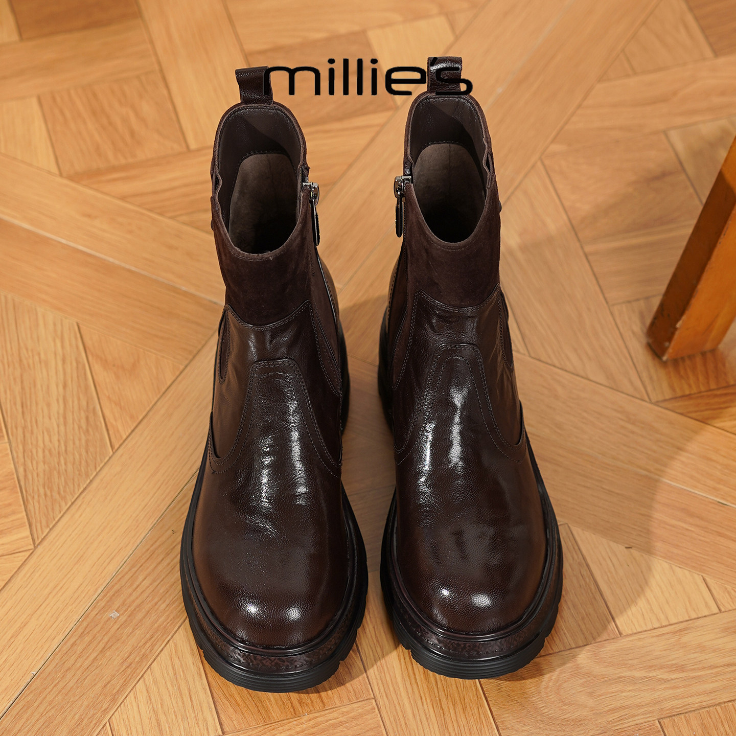 MILLIE'S/妙丽2025新款加绒保暖马丁靴侧拉链套脚瘦瘦靴粗跟短靴,女鞋,时装靴,淘宝优惠券,粉丝福利购,淘宝优惠卷