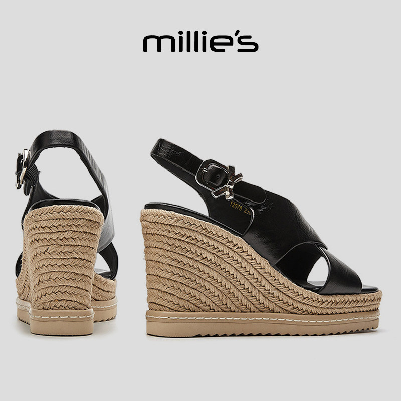 MILLIE'S/妙丽交叉带坡跟露趾时尚百搭舒适透气不累脚休闲凉鞋女