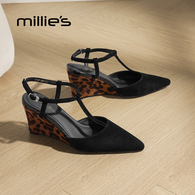 MILLIE'S/妙丽尖头坡跟高颜值小众高级设计感轻奢简约时尚凉鞋女